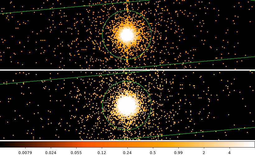 ds9 image of two event files, described in the caption